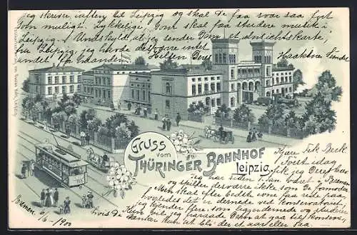 Lithographie Leipzig, Thüringer Bahnhof aus der Vogelschau
