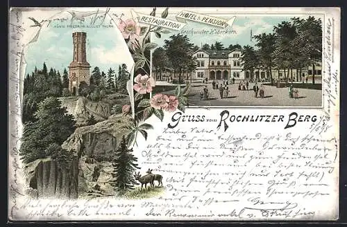 Lithographie Rochlitz, Rochlitzer Berg, Hotel Restaurant Geschwister Haberkorn und König Friedrich August Thurm