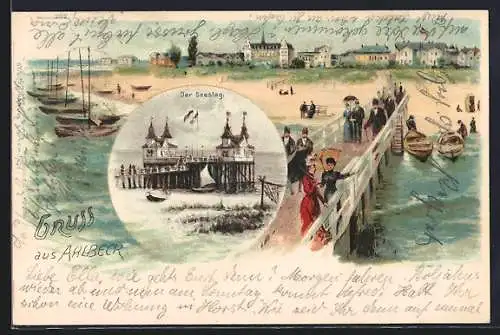 Lithographie Ahlbeck / Ostseebad, Seesteg, Blick vom Seesteg zum Strand