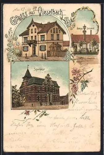 Lithographie Vieselbach, Gasthof zur Krone, Sparkasse, Kriegerdenkmal