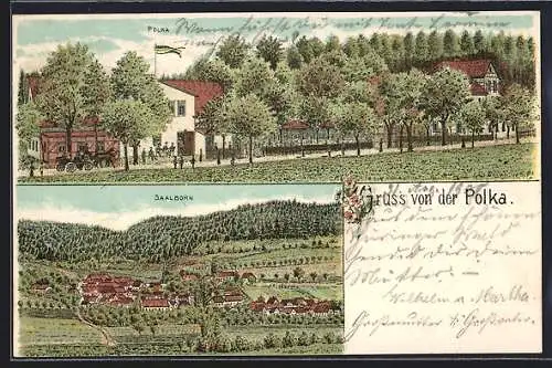 Lithographie Saalborn, Restaurant Polka, Ortsansicht aus der Vogelschau