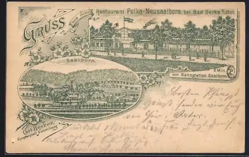 Lithographie Saalborn b. Bad Berka, Restaurant Polka-Neusaalborn, Ortsansicht aus der Vogelschau