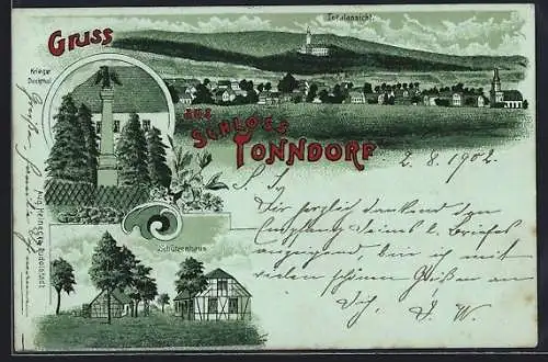 Lithographie Schloss Tonndorf, Kriegerdenkmal, Schützenhaus, Ortsansicht