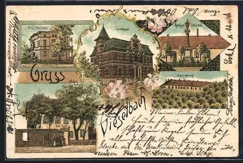 Lithographie Vieselbach, Gasthof Gute Quelle, Villa Deinhardt und Amtsgericht