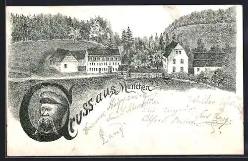 Lithographie München i. Thür., Blick auf das Dorf