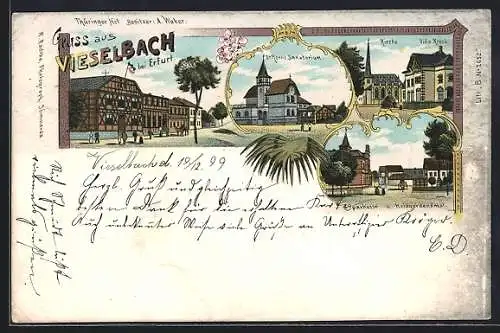Lithographie Vieselbach b. Erfurt, Gasthaus Thüringer Hof, Kirche, Villa Kreck