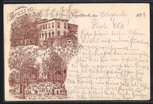 Lithographie Vieselbach, Gasthof zum Burghof v. Friedr. Kittel
