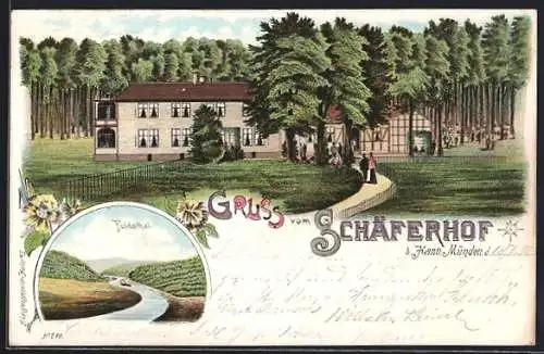 Lithographie Hann.-Münden, Gasthaus Schäferhof, Fuldathal