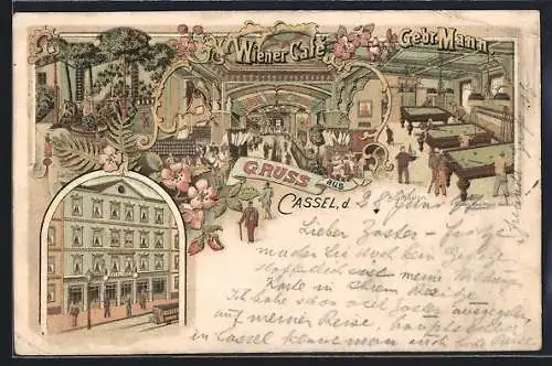 Lithographie Cassel, Wiener Café, Bes. Gebr. Mann, Billard-Salon