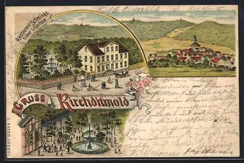 Lithographie Kirchditmold, Restaurant Schminke, Ortsansicht