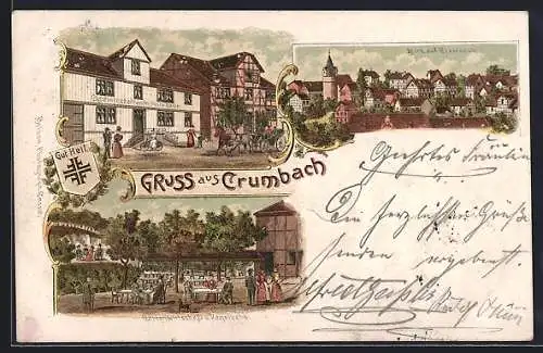 Lithographie Crumbach / Kassel, Gastwirtschaft v. Heinrich Rasch, Gartenwirtschaft u. Kegelbahn