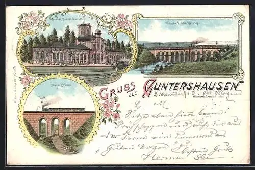 Lithographie Guntershausen, Bahnhof, Grosse Fuldabrücke, Baunabrücke