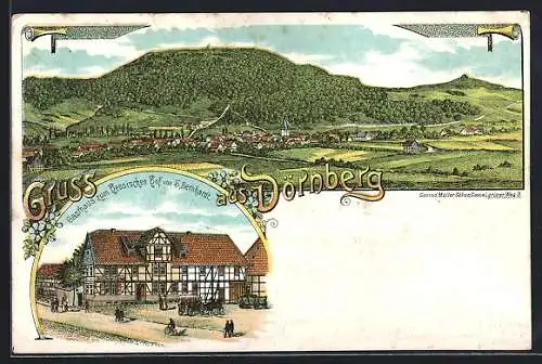 Lithographie Dörnberg / Kassel, Gasthaus zum hessischen Hof von S. Bernhardt, Totalansicht