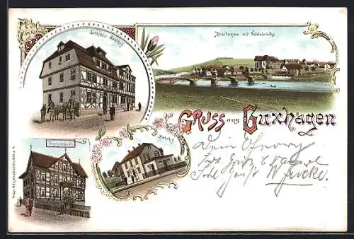 Lithographie Guxhagen, Gasthof Sinning, Postamt, Breitenau mit Fulda-Brücke