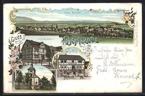 Lithographie Benterode, Gastwirtschaft Heinrich Bischoff, Posthilfsstelle, Kirche