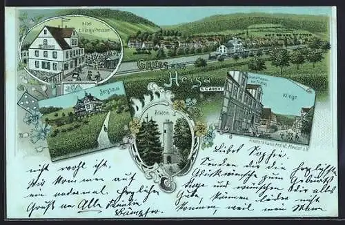 Lithographie Helsa b. Cassel, Hotel z. König v. Preussen, Berghaus, Bilstein