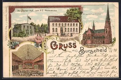 Lithographie Burscheid / Rheinl., Gasthaus Bergischer Hof, St. Laurentius-Kirche