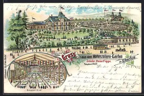 Lithographie Elberfeld, Gasthaus Hohenzollern-Garten mit Strassenbahn, Inneres Grosser-Saal