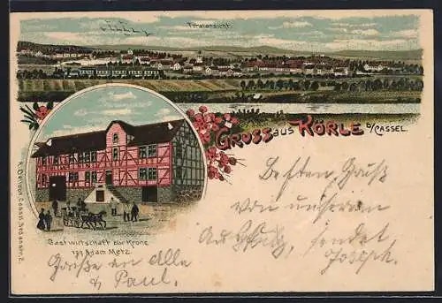 Lithographie Körle b. Cassel, Gastwirtschaft zur Krone v. Adam Metz, Ortsansicht