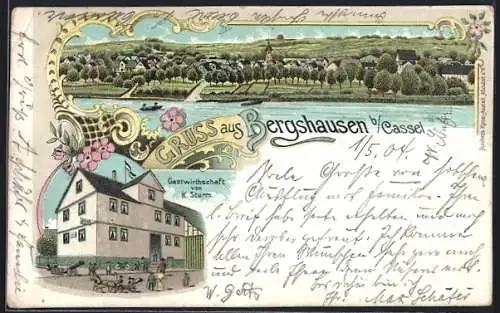Lithographie Bergshausen b. Cassel, Gastwirtschaft v. K. Sturm, Ortsansicht