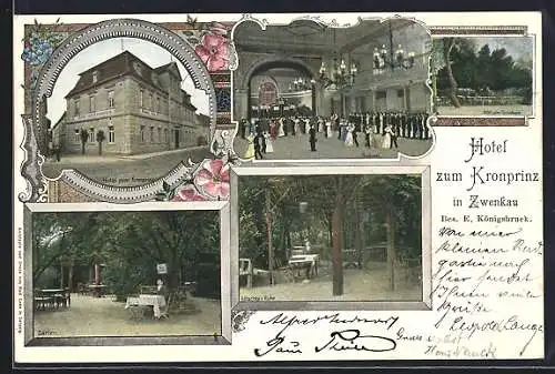 AK Zwenkau, Hotel zum Kronprinz, Inh. Otto Landmann, Ballsaal, Garten, Rötschkes Ruhe