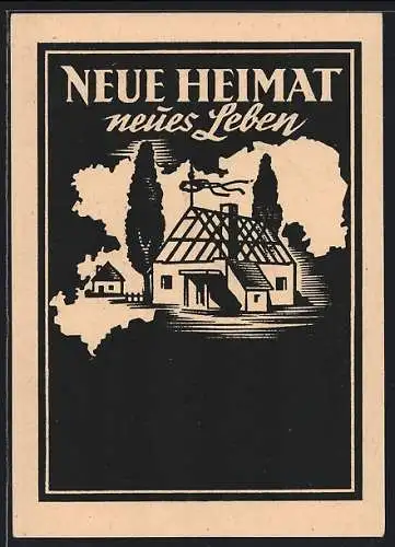 AK DDR-Kampagne Neue Heimat, Neues Leben 1948, Neugebautes Haus vor Landkarte von Sachsen