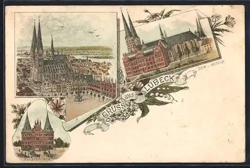 Vorläufer-Lithographie Lübeck, 1894, Holstenthor, Dom und Museum