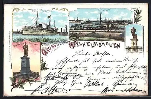 Lithographie Wilhelmshaven, SMS Hohenzollern, Hafenansicht
