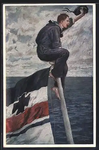 Künstler-AK Matrose in Uniform auf dem Fahnenmast seines Kriegsschiffs in Seenot