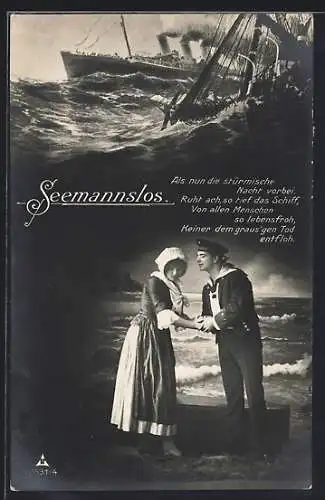 AK Seemannslos, ein Matrose mit seinem Mädchen, Seeleute auf einem sinkenden Schiff, Gedicht Stürmische Nacht