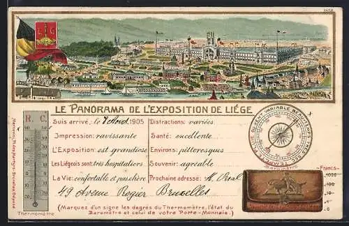 Lithographie Liége, l'éxposition de Liége 1905, le panorama