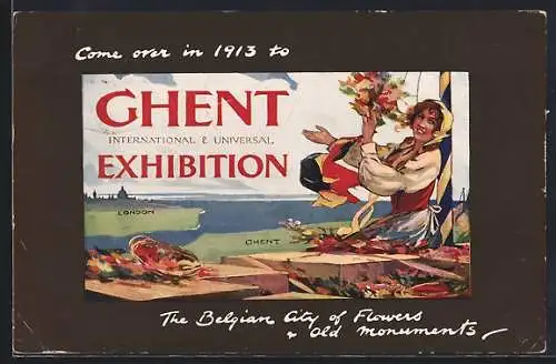 AK Ghent, International & Universal Exhibition 1913, Trachtenmädchen mit Flagge u. Blumen zeigt nach London, Einladung