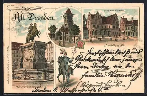 Lithographie Dresden, Ausstellung 1896, Altes Gewandhaus, Inh. A. Reibeholz, Wirt im Trompeterschlösschen