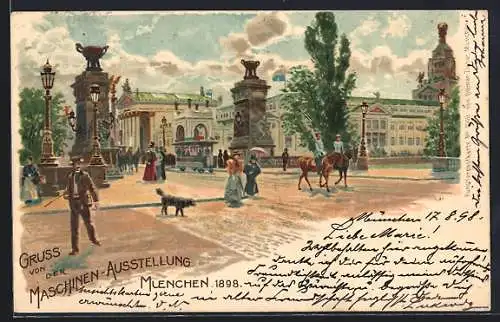Lithographie München, Maschinen-Ausstellung 1898, Brückenpartie mit Strassenbahn u. Gebäudepanorama