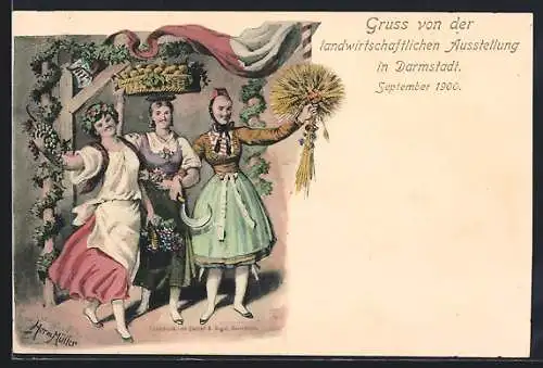 AK Darmstadt, Landwirtschaftliche Ausstellung 1900, Drei Trachtenmädchen mit Trauben, Kartoffeln und Ähren