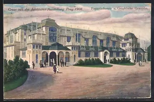 AK Prag, Jubiläums-Ausstellung 1908, Papierindustrie u. Graphische Gewerbe, Ausstellungsgebäude mit Anlagen