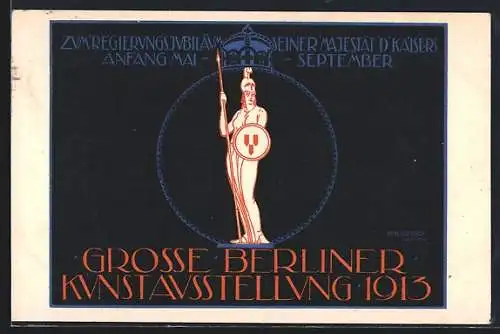 AK Berlin, Kunstausstellung 1913, Kriegerin mit Schild