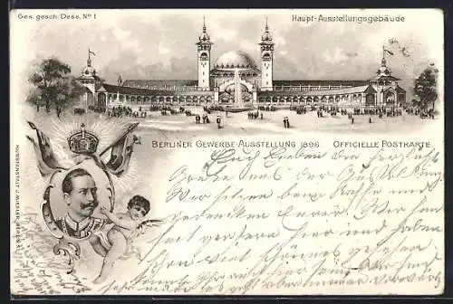 Lithographie Berlin, Gewerbe-Ausstellung 1896, Hauptausstellungsgebäude, Kaiser-Portrait