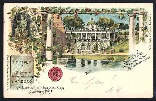 Lithographie Hamburg, Allgemeine Gartenbau-Ausstellung 1897, Bella Vita mit Künstlerklause Bachuskeller und Grotte, Wein