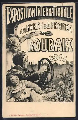 AK Roubaix, Exposition Internationale du Nord de la France 1911, Hermes, Alte Frau mit Maschine, Mädchen mit Ziege