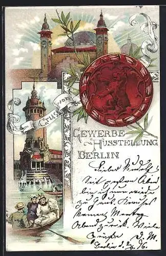 Lithographie Berlin, Gewerbe-Ausstellung 1896, Gondelfahrt