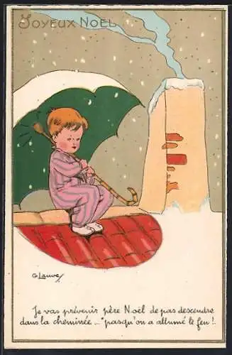 Künstler-AK sign. G. Lawey: Knabe mit Schirm auf einem Dach