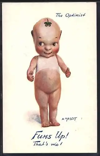 Künstler-AK A. Mascot: The Optimist, Fums Up! That`s me!, Puppe, Glücksbringer