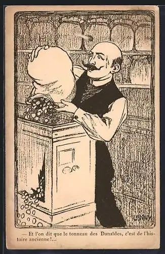 Künstler-AK sign. Lenny: Mann füllt Geld in einen kaputten Schrank