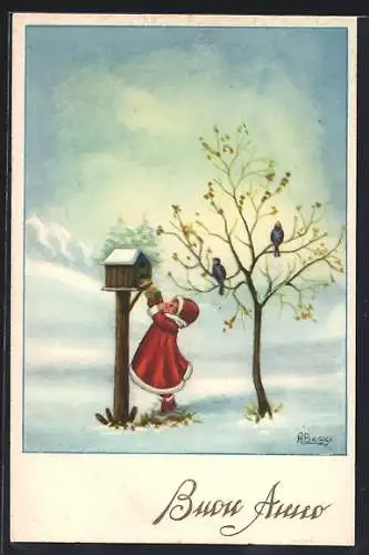 Künstler-AK sign. A. Bassi: Mädchen an einem Vogelhäuschen