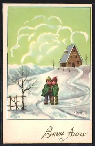 Künstler-AK sign. A. Bassi: Kinder in verschneiter Landschaft