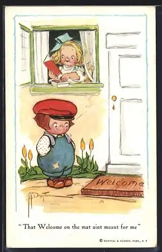 Künstler-AK sign. G. G. Drayton: Mädchen nascht aus Pralinenschachtel und freut sich, Junge steht traurig vor Tür