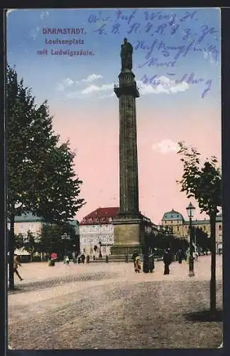 AK Darmstadt, Louisenplatz mit Ludwigssäule