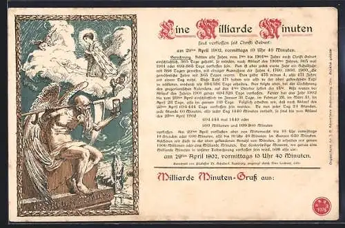 Künstler-AK Eine Milliarde Minuten seit Christigeburt, 29. April 1902 10:40 Uhr, Todesengel mit Sanduhr