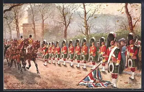 Künstler-AK Harry Payne: Dipping the Colours to Royalty, Gordon Highlanders